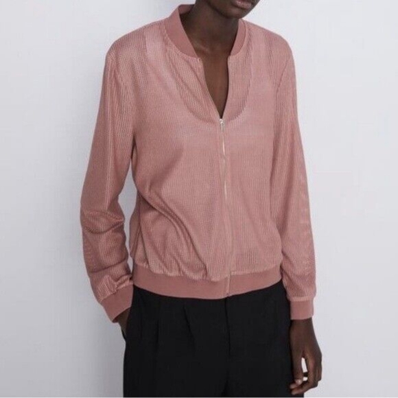 Zara Textured Weave Bomber Jacket in Rose Pink - Picture 1 of 5